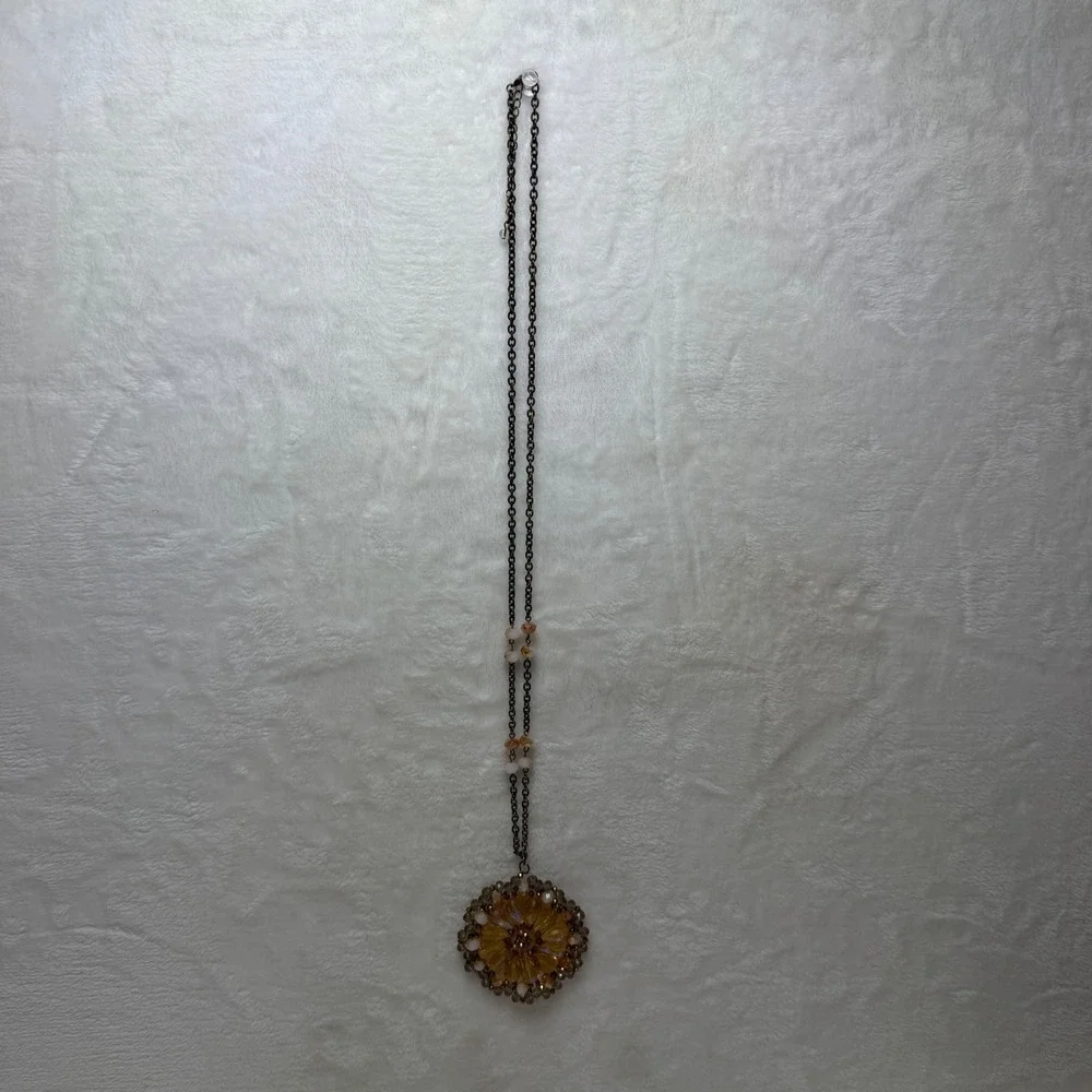 Amber Glass‎ Bead Sunburst Pendant Necklace Bronze Tone Long Boho Statement